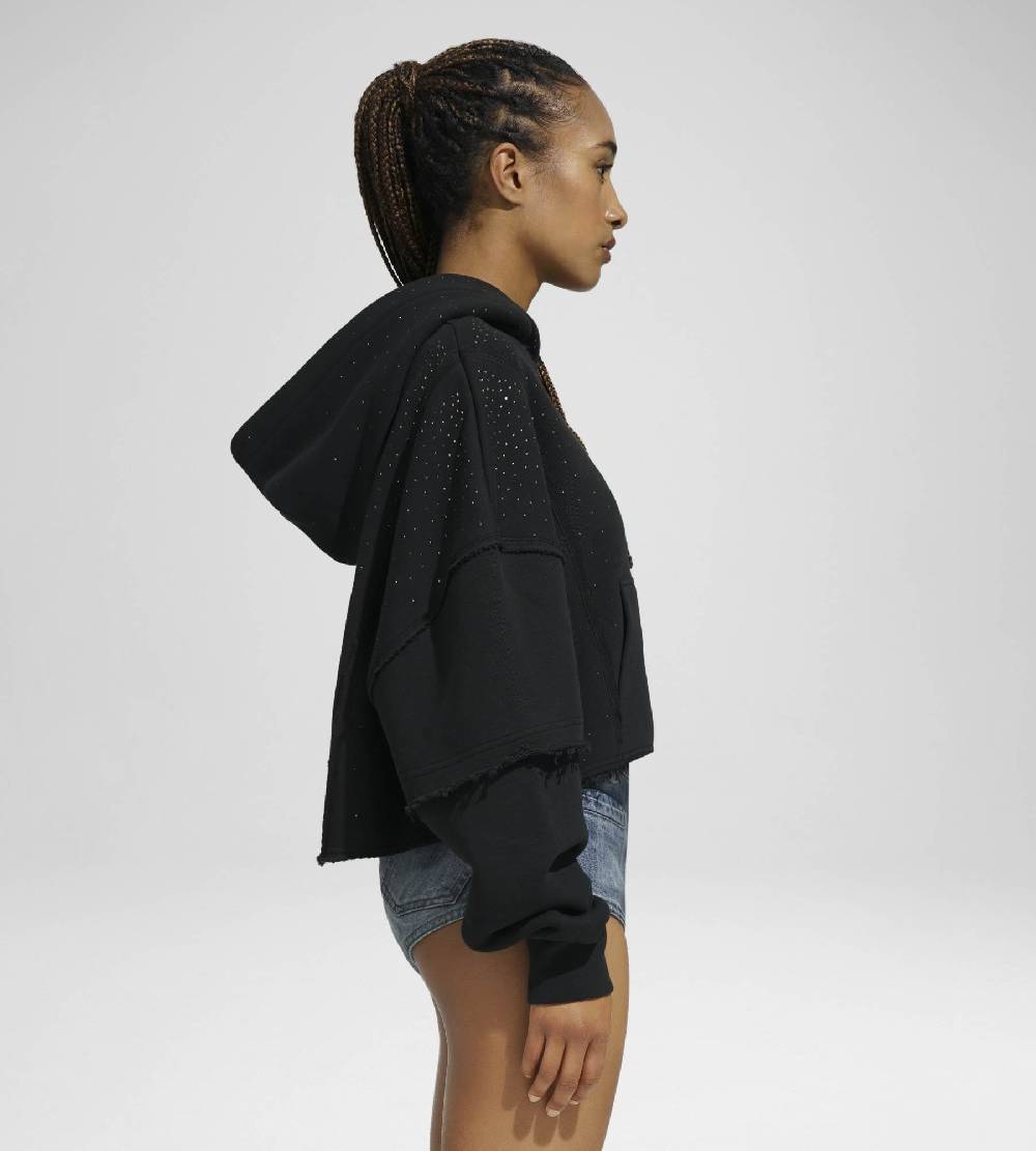 Khrisjoy HOODIE CROP DOUBLE POCKETS STRASS BLACK Offerta Giorno del Papà