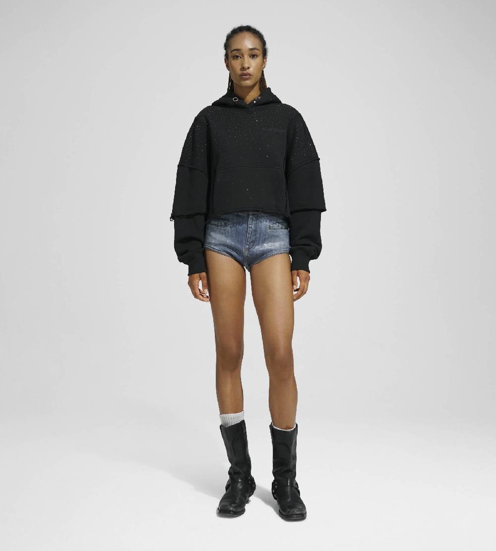 Khrisjoy HOODIE CROP DOUBLE POCKETS STRASS BLACK Offerta Giorno del Papà