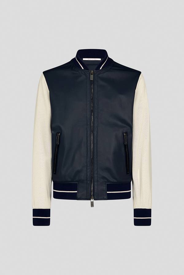 Lab. Pal Zileri Varsity Jacket in nappa bicolore blu e panna Vendita