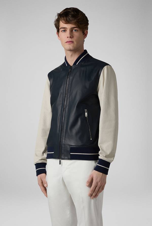 Lab. Pal Zileri Varsity Jacket in nappa bicolore blu e panna Vendita