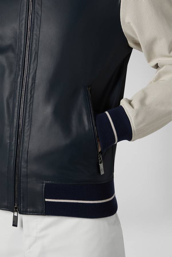 Lab. Pal Zileri Varsity Jacket in nappa bicolore blu e panna Vendita