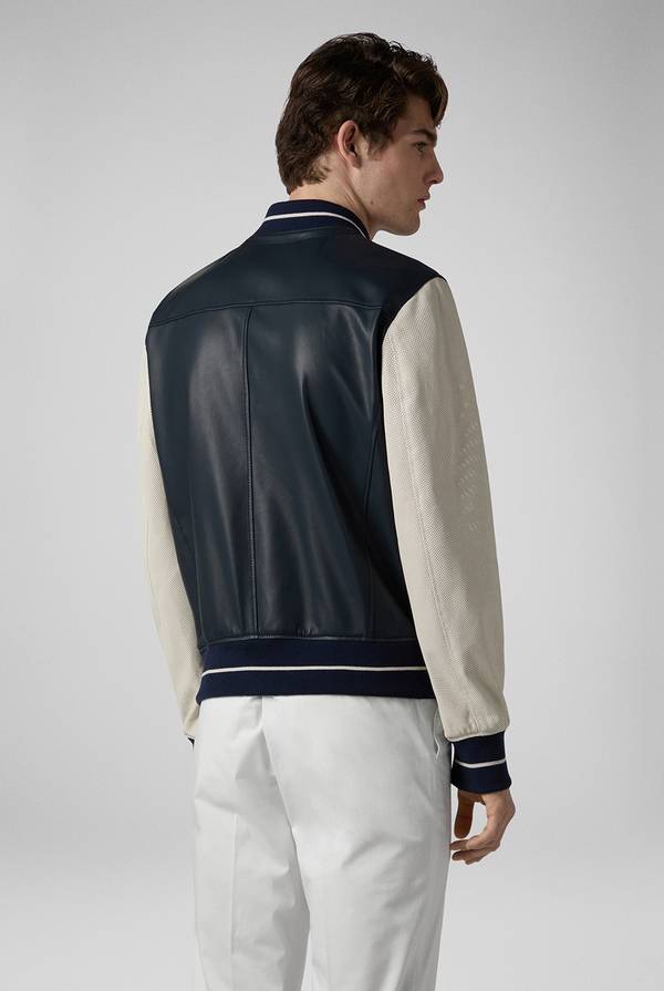 Lab. Pal Zileri Varsity Jacket in nappa bicolore blu e panna Vendita
