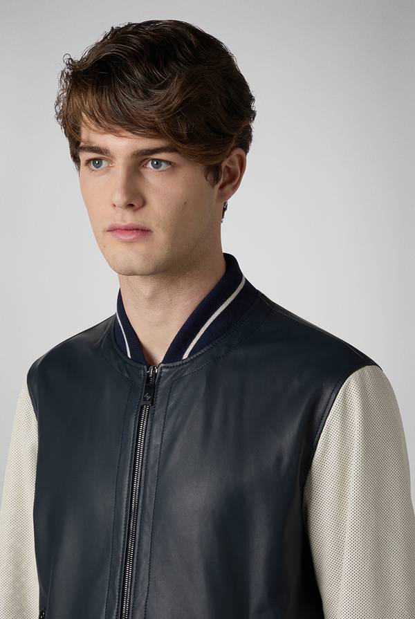 Lab. Pal Zileri Varsity Jacket in nappa bicolore blu e panna Vendita