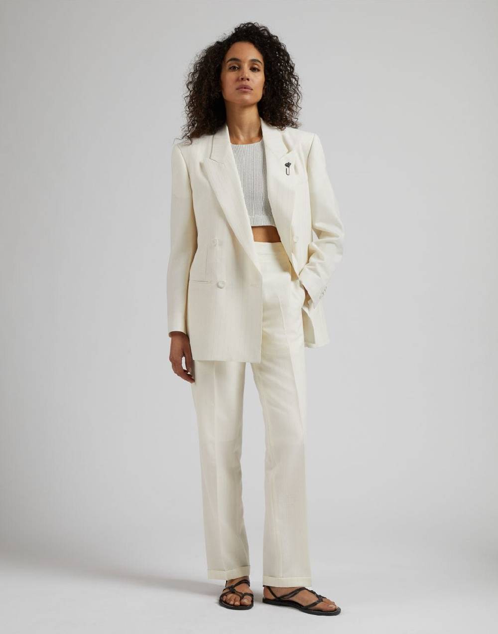 Lardini Pantalone in tela di lana gessata lurex bianco-argento 2025