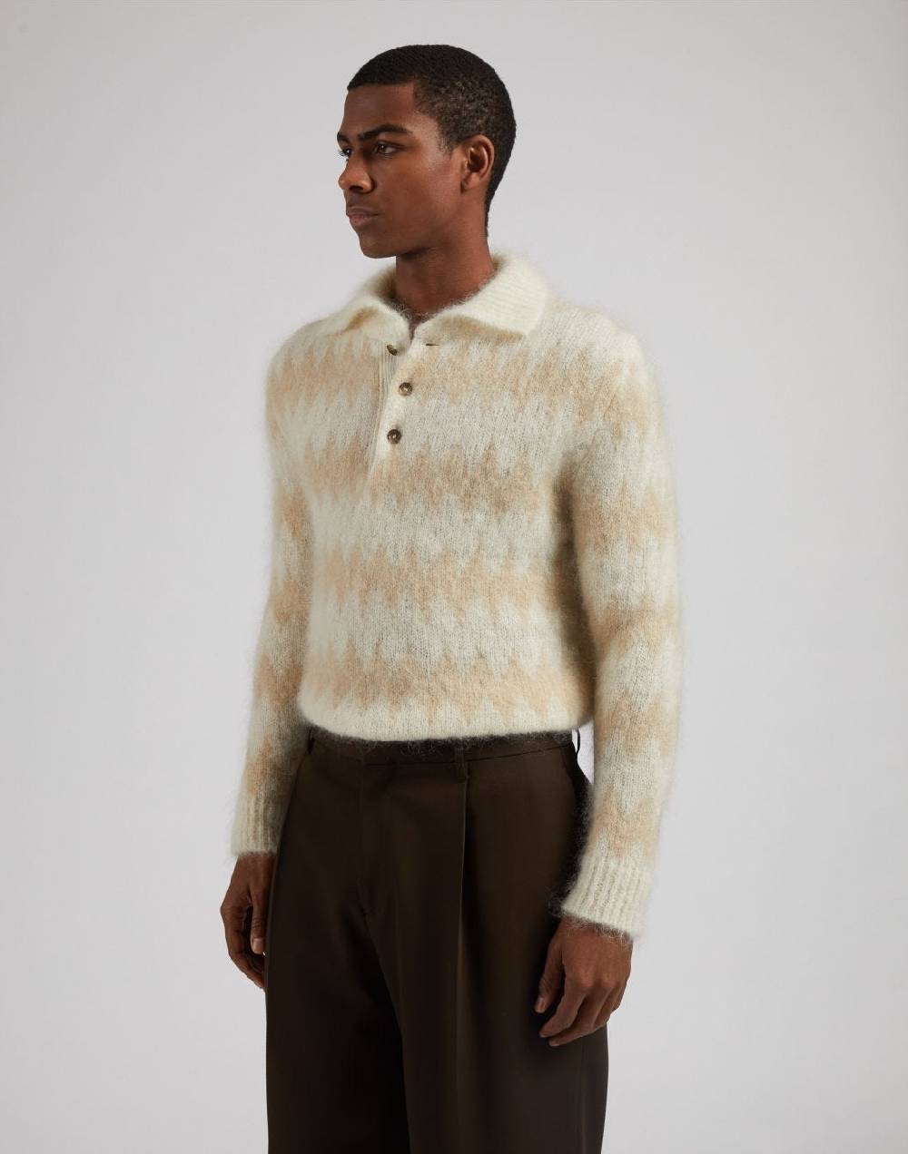 Lardini Polo bicolore a manica lunga in kid mohair bianco-beige Spedizione Gratuita