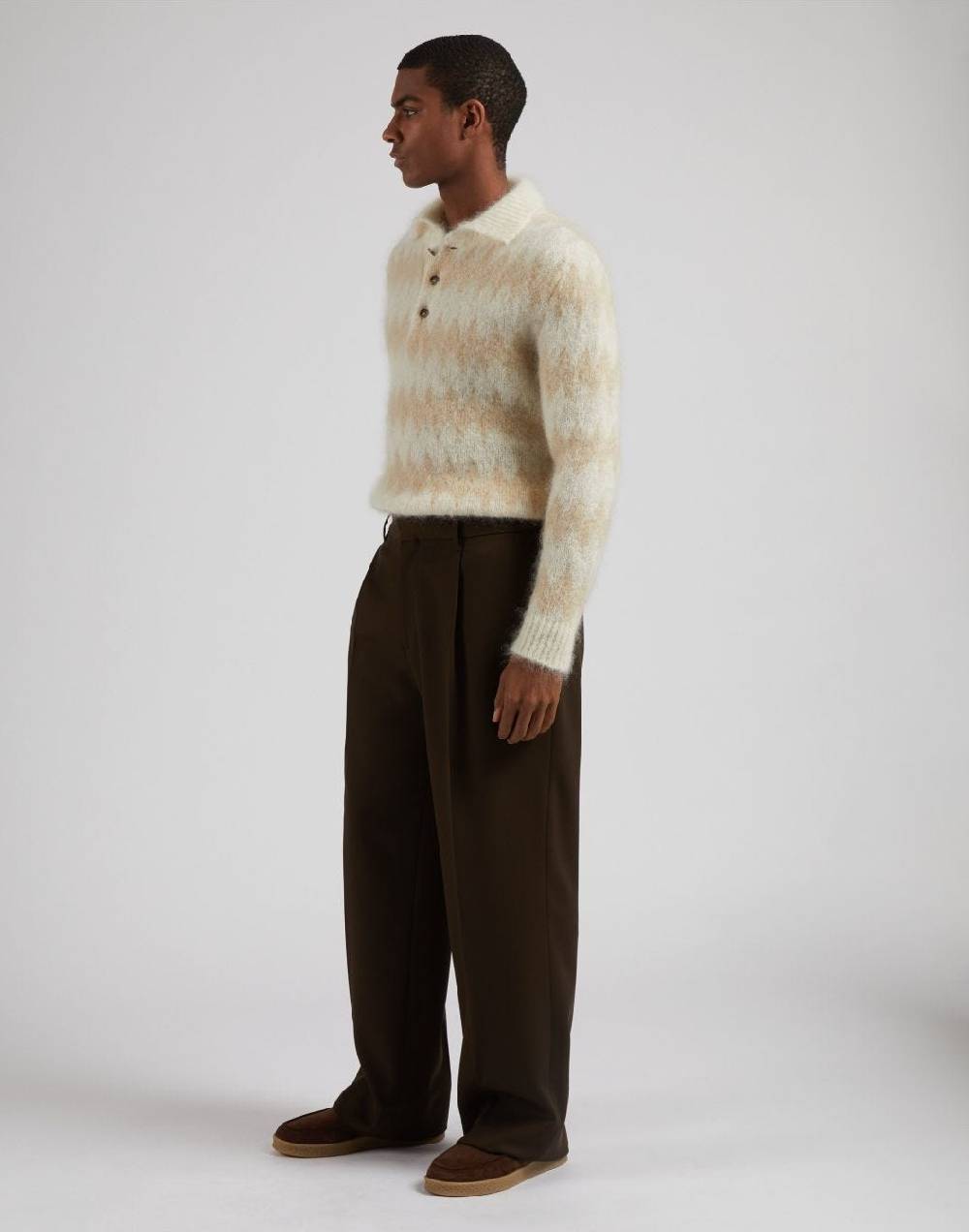 Lardini Polo bicolore a manica lunga in kid mohair bianco-beige Spedizione Gratuita