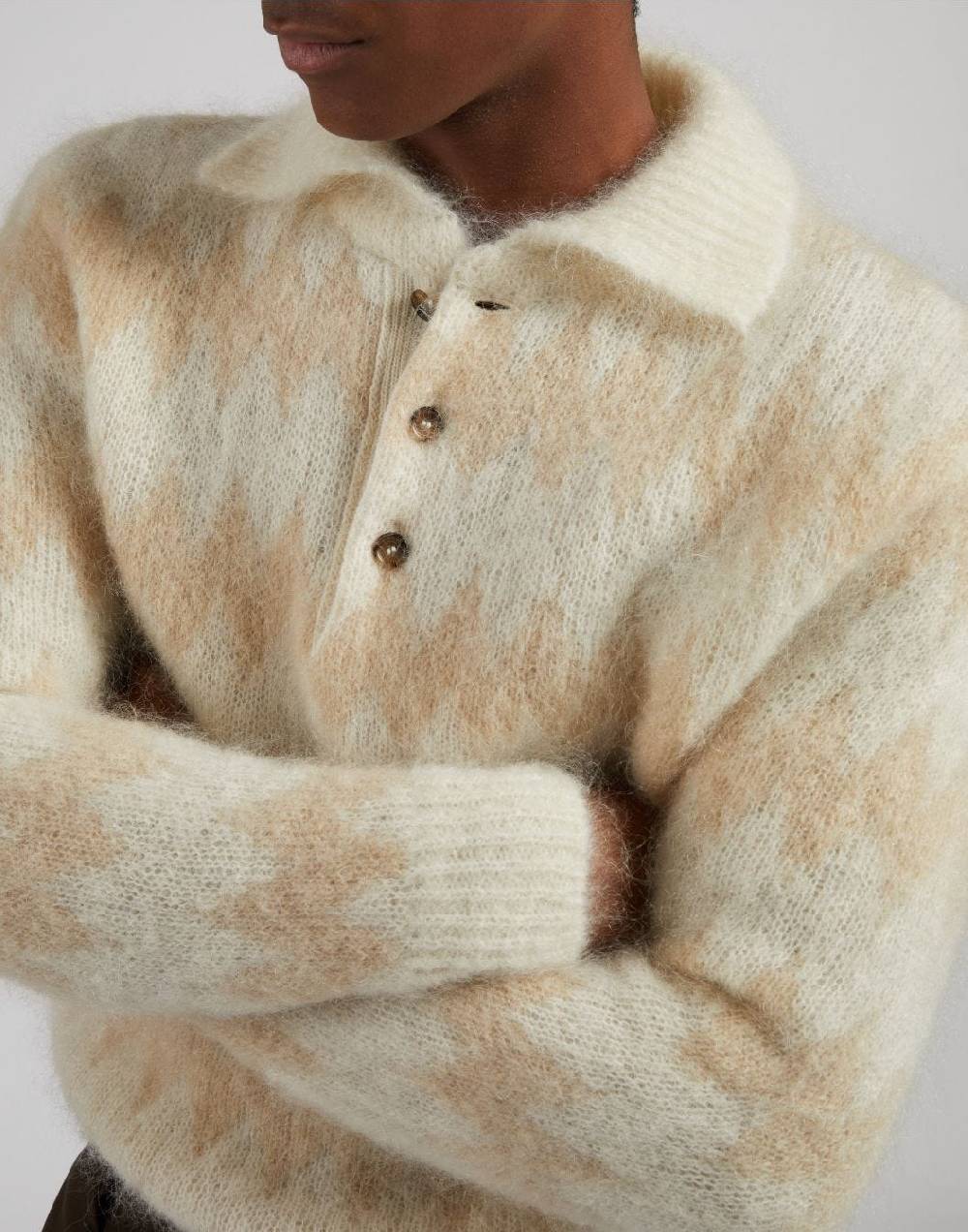 Lardini Polo bicolore a manica lunga in kid mohair bianco-beige Spedizione Gratuita