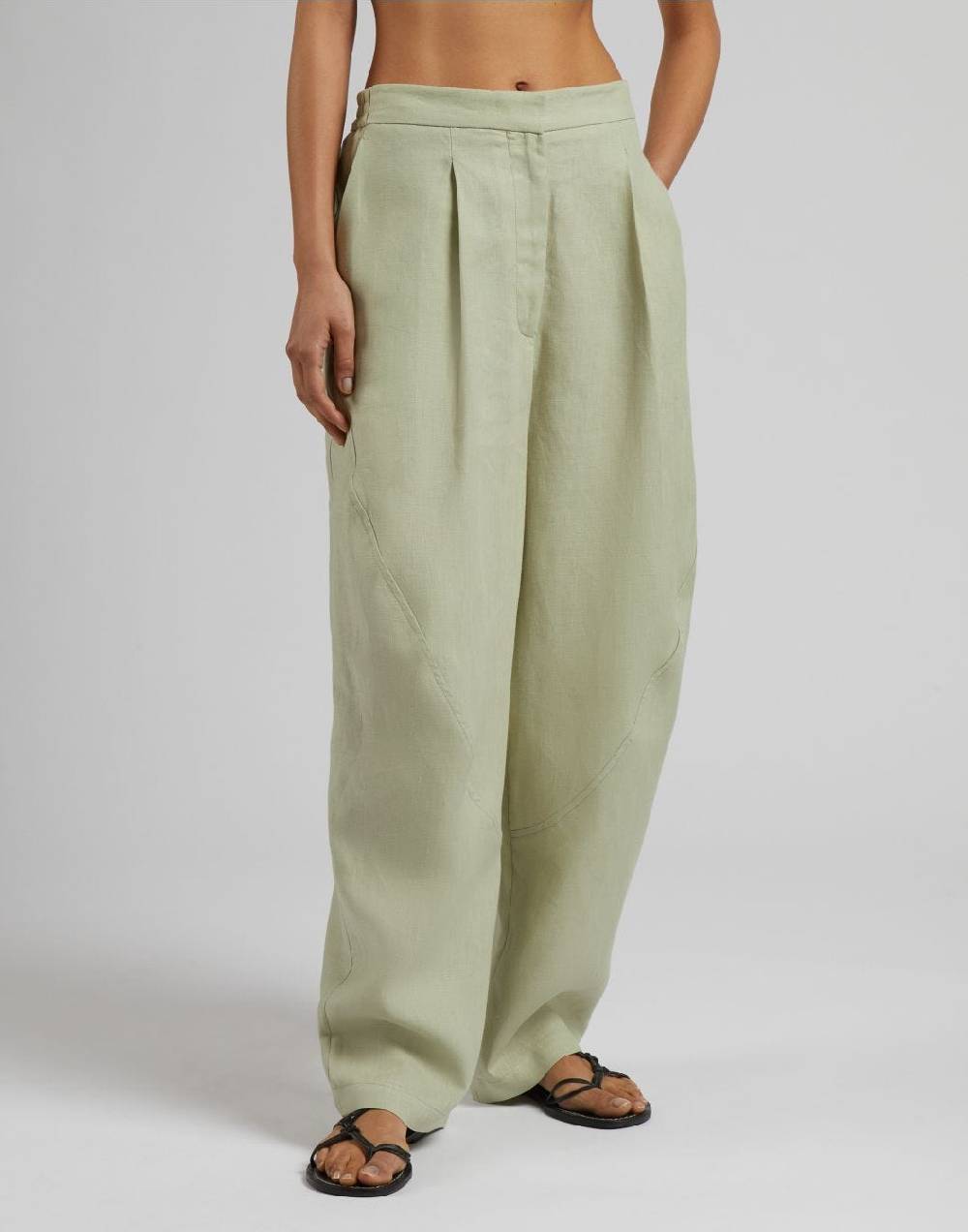 Lardini Pantalone ampio a vita bassa in tela di lino verde Outlet