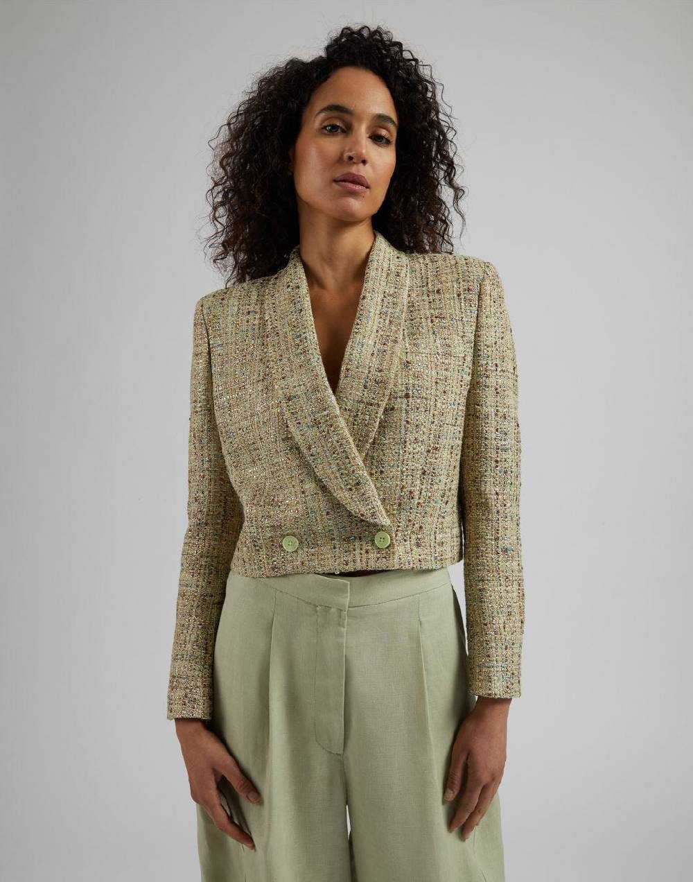 Lardini Giacca corta in tweed di cotone verde intrecciato lurex Italy