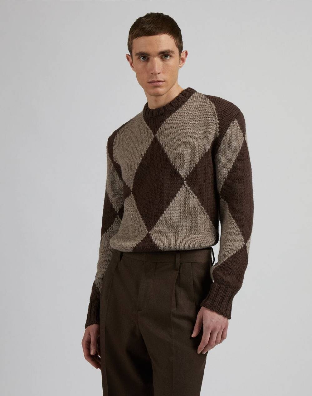 Lardini Maglia girocollo marrone con intarsio bicolore nocciola Acquista Ora