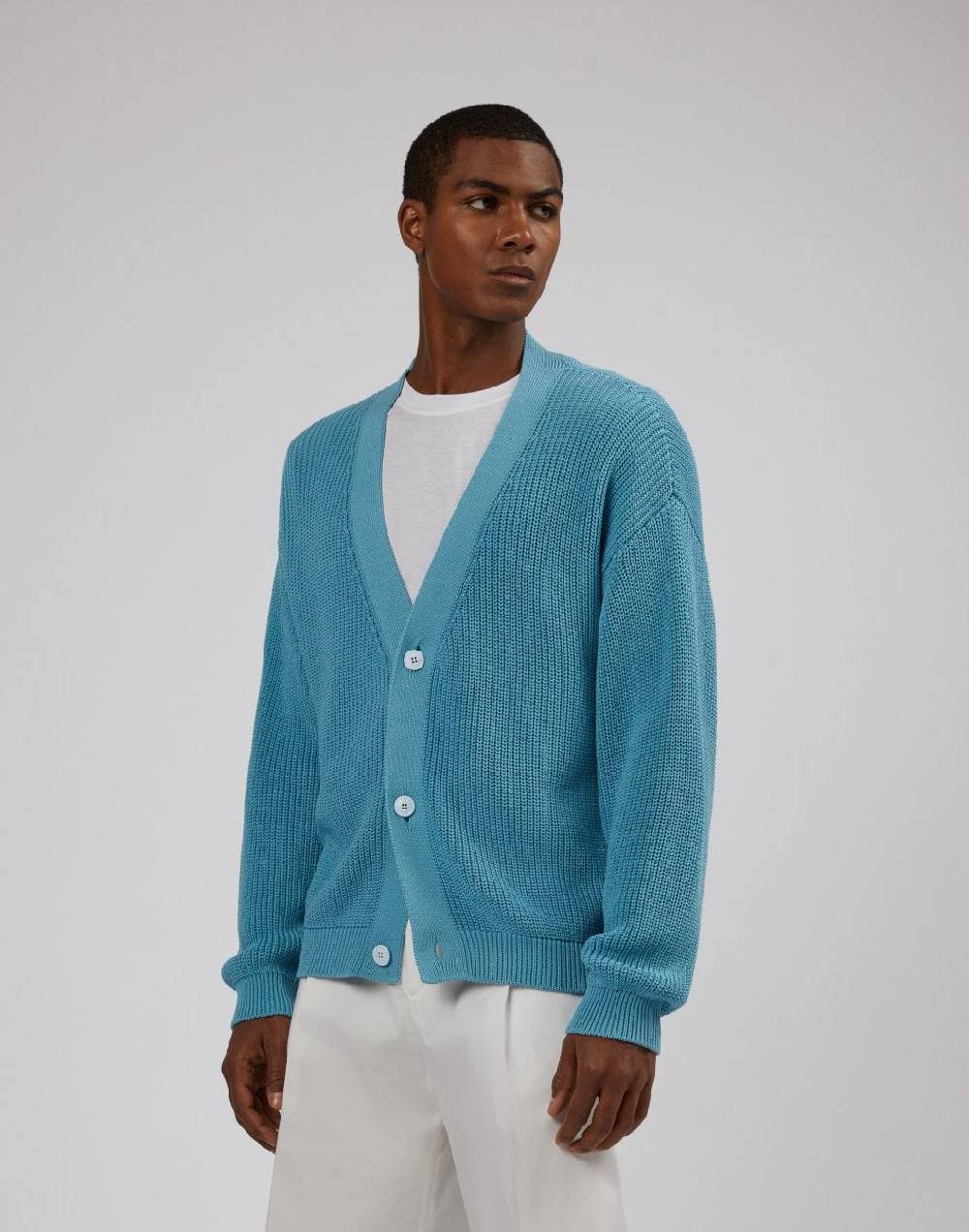 Lardini Cardigan azzurro in cotone crêpe a coste Spedizione Gratuita