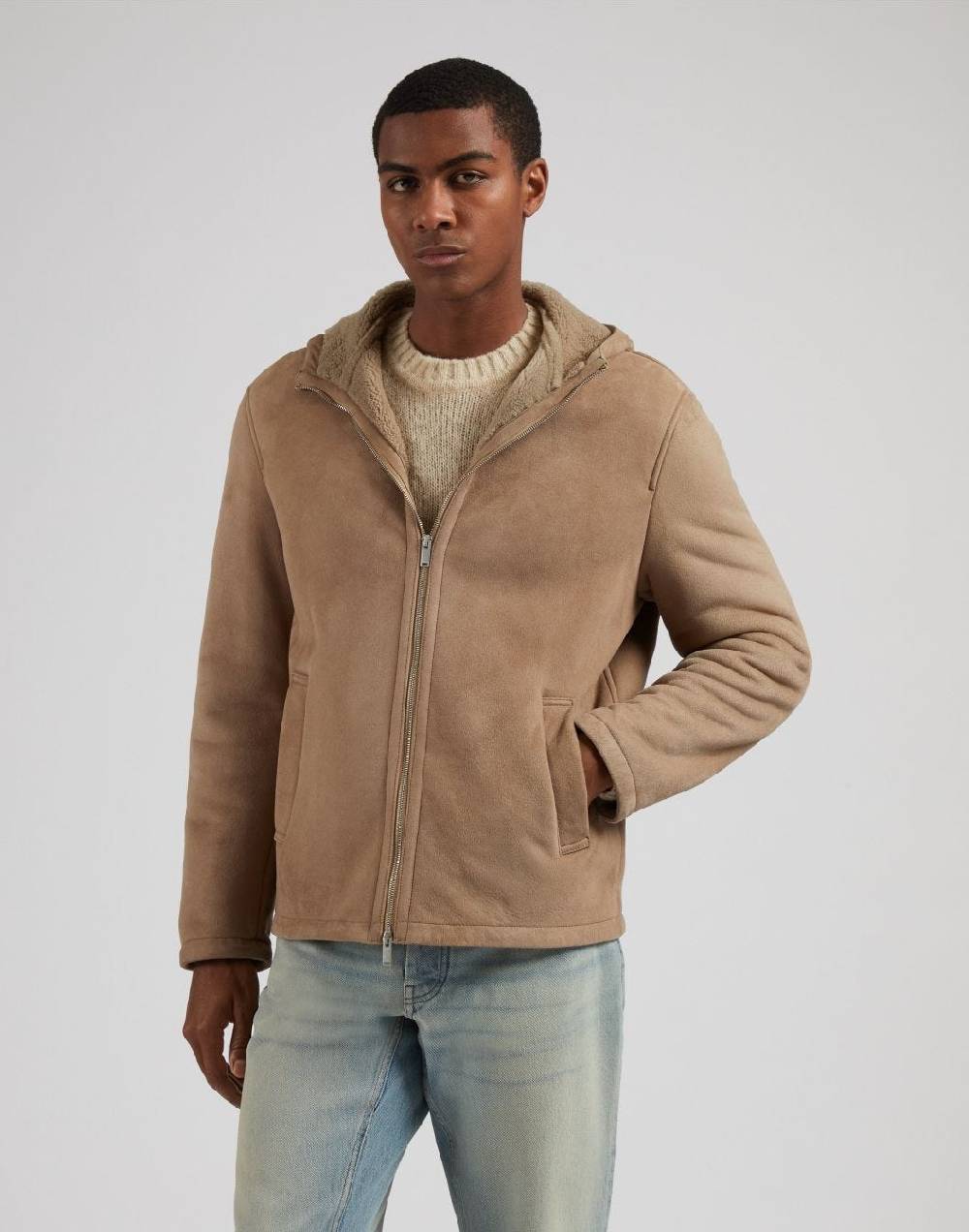 Lardini Giubbino con cappuccio in pelle di montone merino nocciola Shopping Online