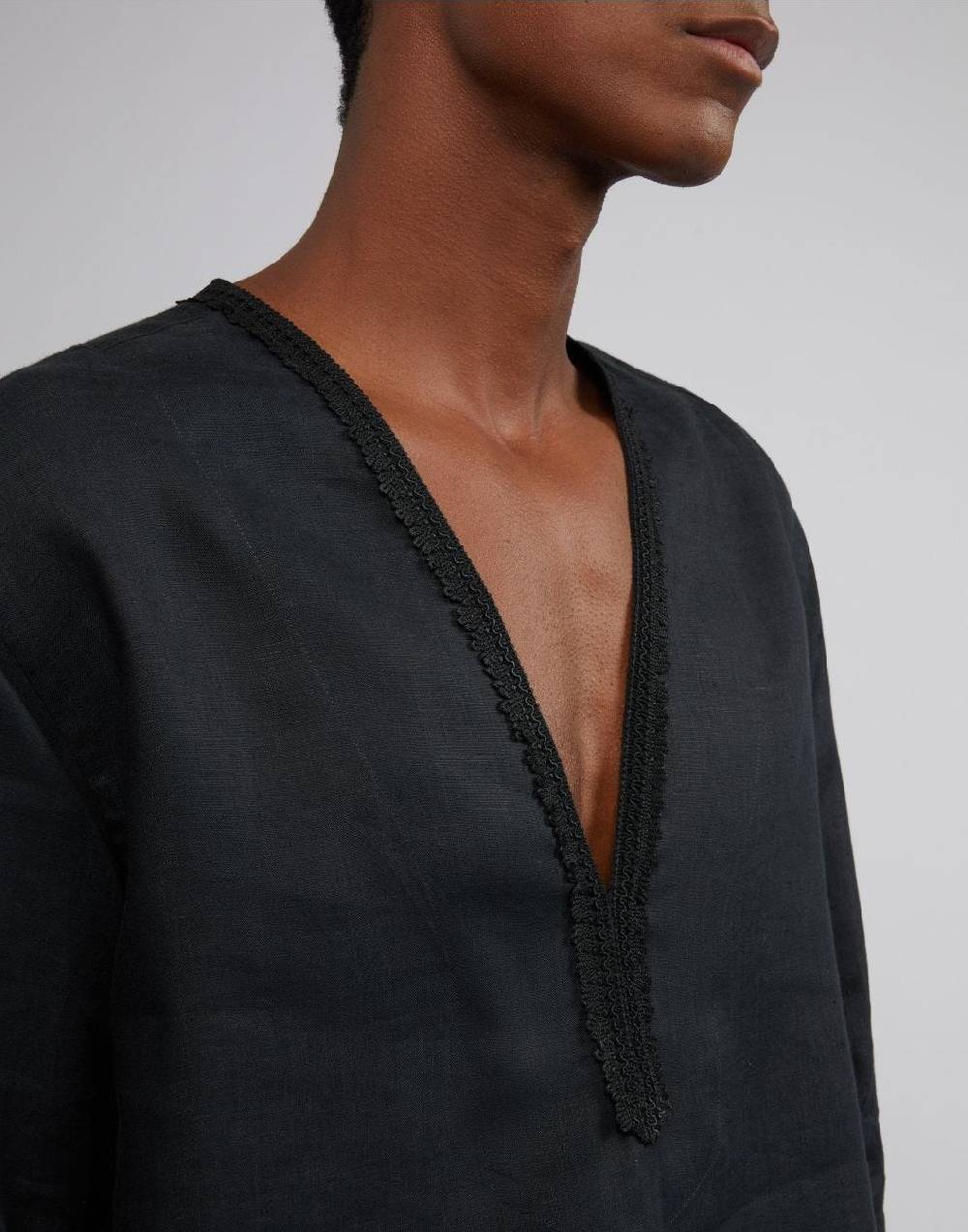 Lardini Camicia in tela di lino nera senza collo Nuovo