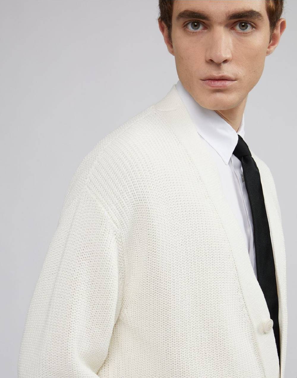 Lardini Cardigan bianco in cotone crêpe e lavorazione a coste In Vendita