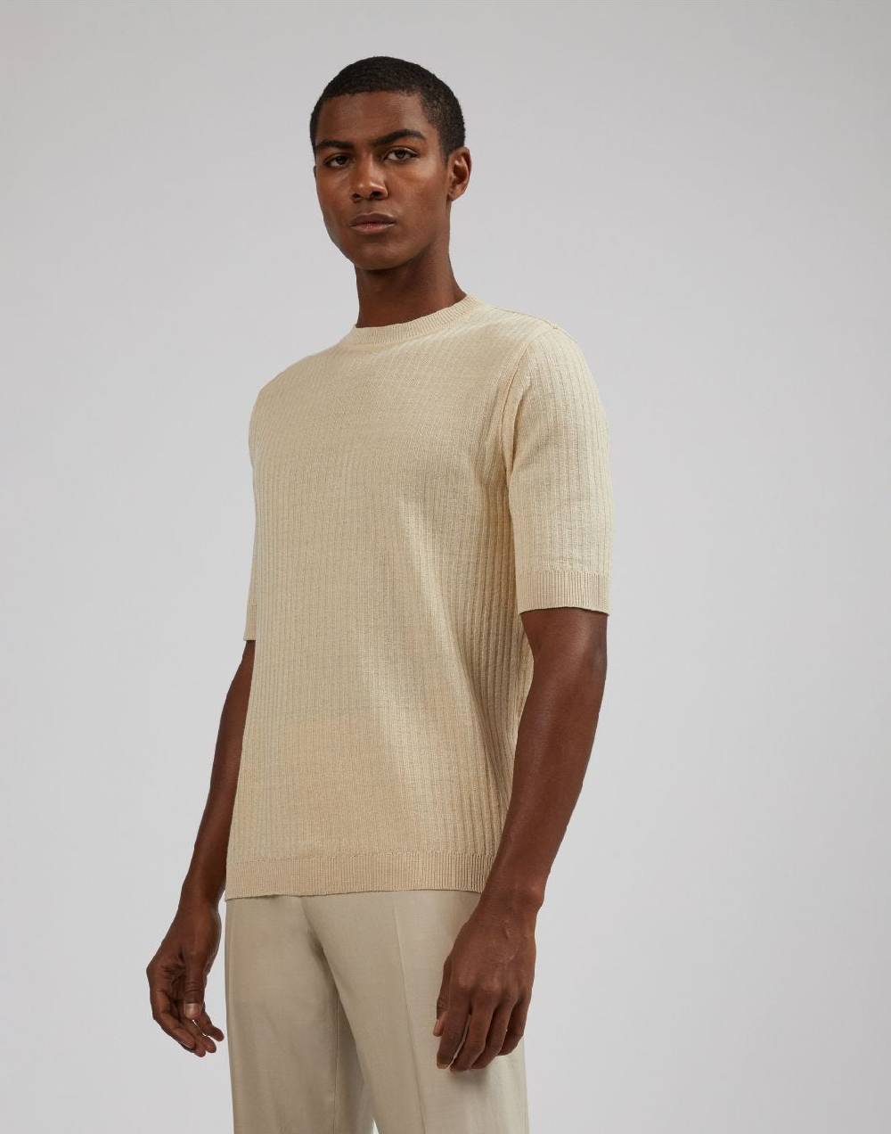 Lardini T-shirt panna in lino e cotone con lavorazione a coste Negozio