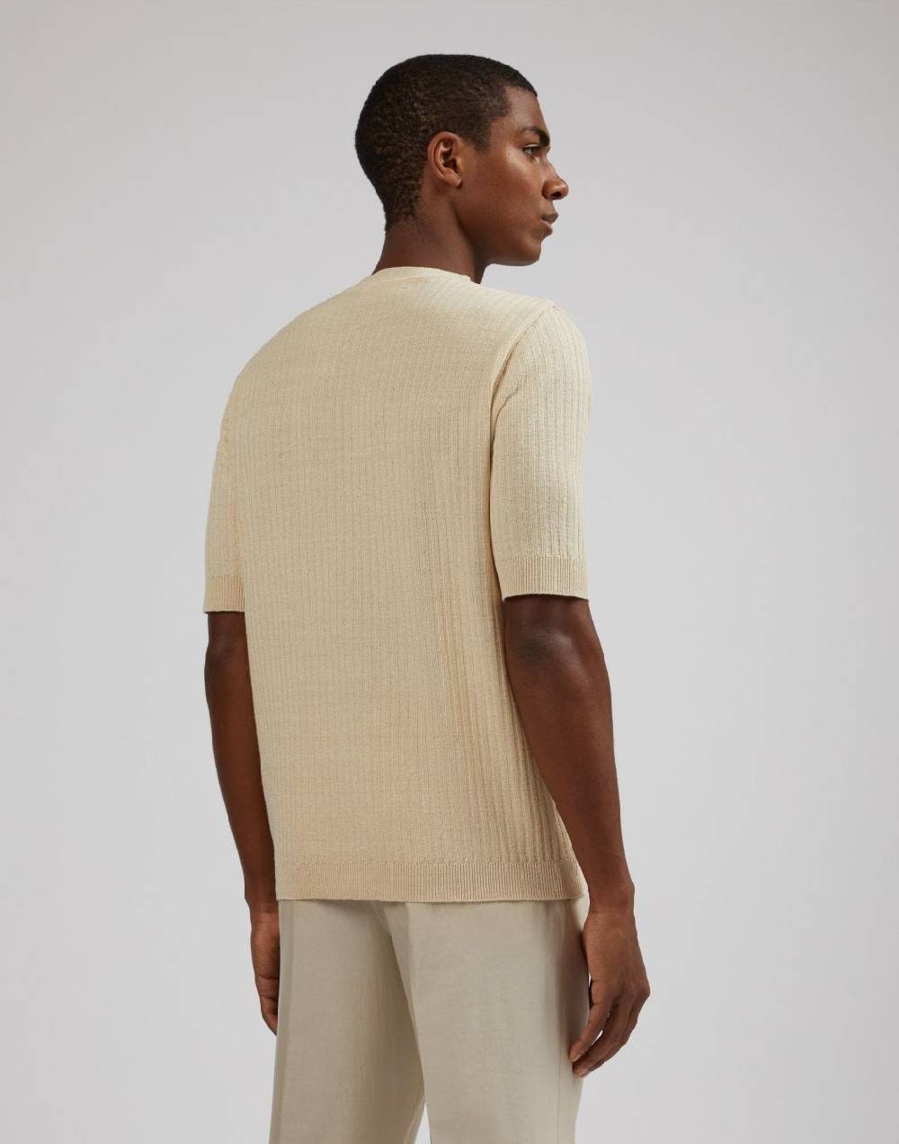Lardini T-shirt panna in lino e cotone con lavorazione a coste Negozio