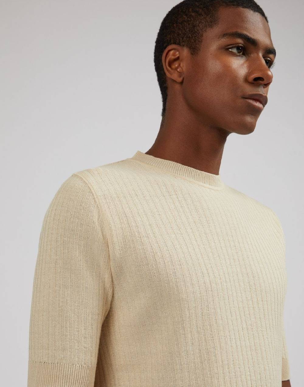 Lardini T-shirt panna in lino e cotone con lavorazione a coste Negozio