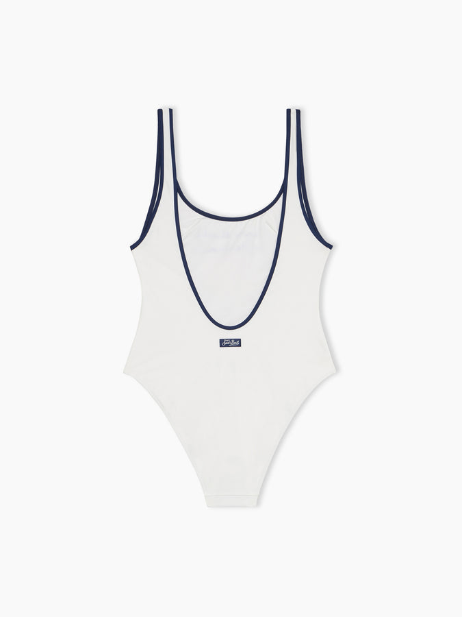 Mc2 Saint Barth Woman scoopback one-piece swimsuit with Voglia di amare embroidery | @serepocaiontas SPECIAL EDITION Consegna Veloce