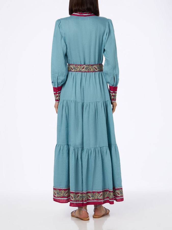 Mc2 Saint Barth Woman light blue linen dress Jensen with paisley placed print Sottocosto