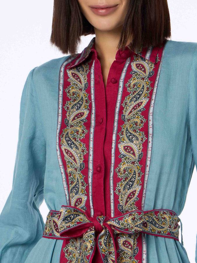 Mc2 Saint Barth Woman light blue linen dress Jensen with paisley placed print Sottocosto