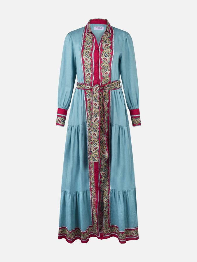 Mc2 Saint Barth Woman light blue linen dress Jensen with paisley placed print Sottocosto