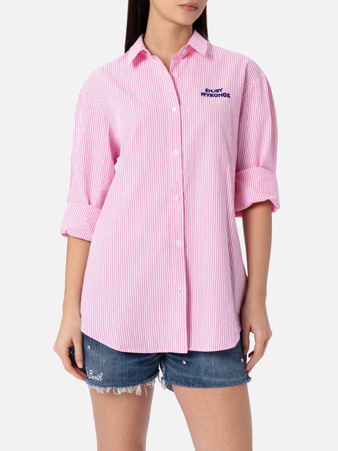 Mc2 Saint Barth Woman striped seeruscker cotton over shirt Brigitte with front and back Mykonos embroidery Promozione