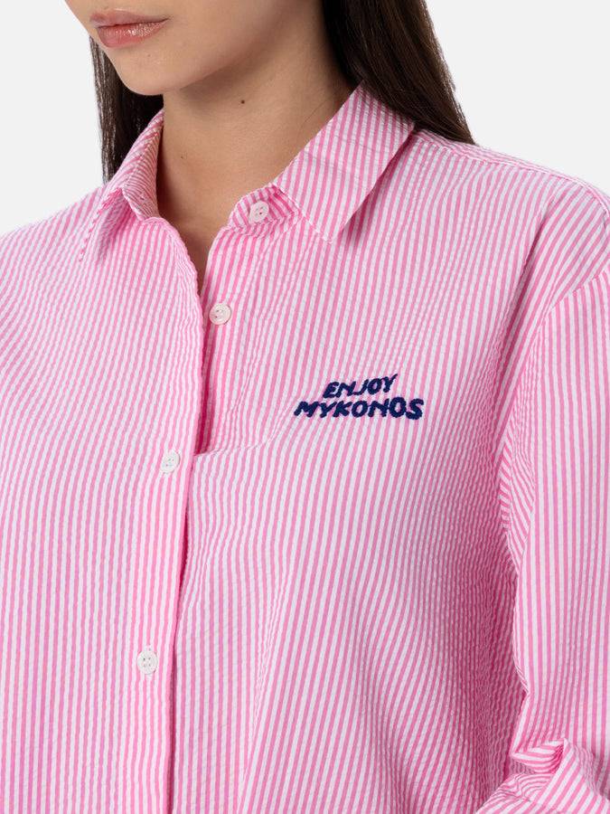 Mc2 Saint Barth Woman striped seeruscker cotton over shirt Brigitte with front and back Mykonos embroidery Promozione