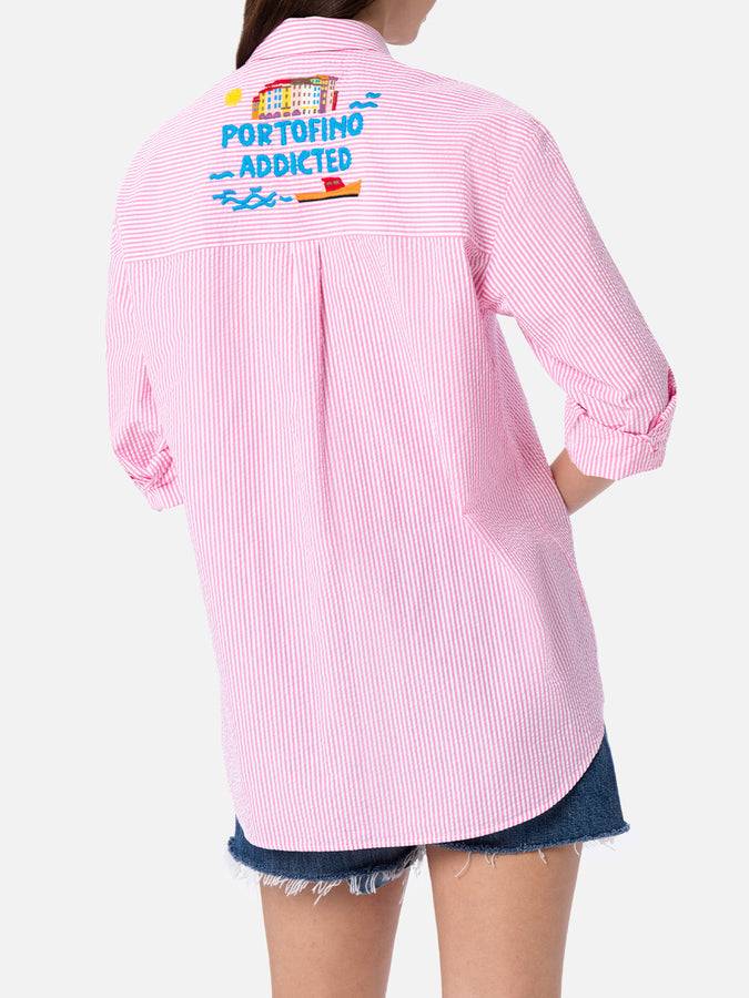 Mc2 Saint Barth Woman striped seeruscker cotton over shirt Brigitte with front and back Portofino embroidery Spedizione Gratuita