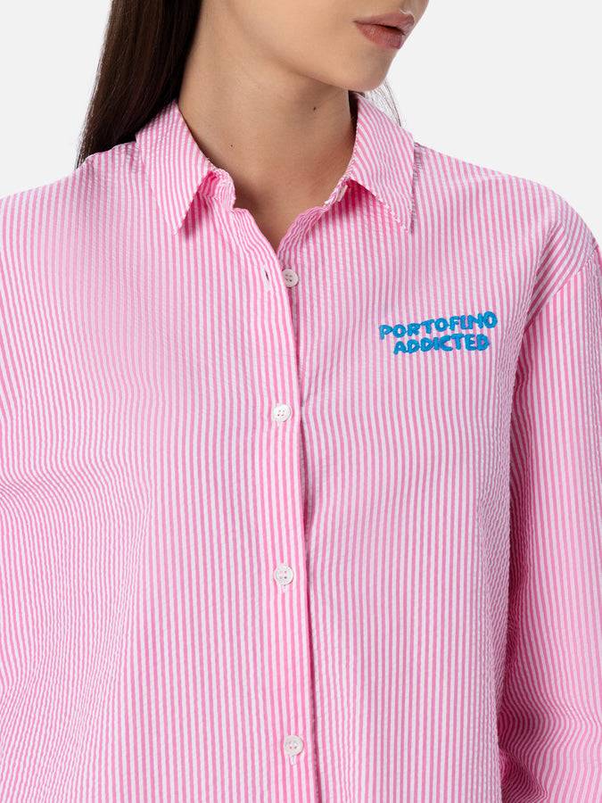 Mc2 Saint Barth Woman striped seeruscker cotton over shirt Brigitte with front and back Portofino embroidery Spedizione Gratuita