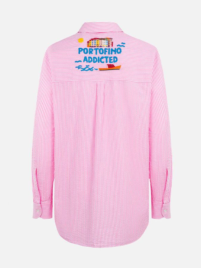 Mc2 Saint Barth Woman striped seeruscker cotton over shirt Brigitte with front and back Portofino embroidery Spedizione Gratuita
