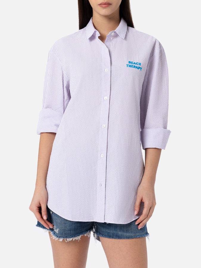 Mc2 Saint Barth Woman striped print cotton over shirt Brigitte with front and back Beach Therapy embroidery Novità