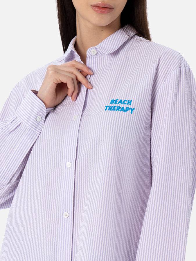 Mc2 Saint Barth Woman striped print cotton over shirt Brigitte with front and back Beach Therapy embroidery Novità