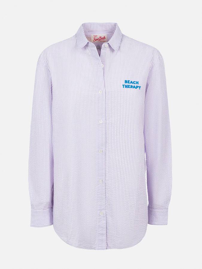 Mc2 Saint Barth Woman striped print cotton over shirt Brigitte with front and back Beach Therapy embroidery Novità