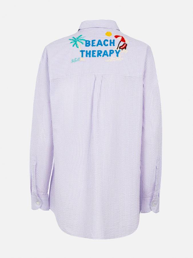 Mc2 Saint Barth Woman striped print cotton over shirt Brigitte with front and back Beach Therapy embroidery Novità