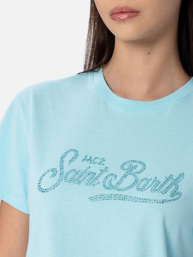 Mc2 Saint Barth Woman water green cotton jersey crewneck t-shirt Emilie with rhinestones Online