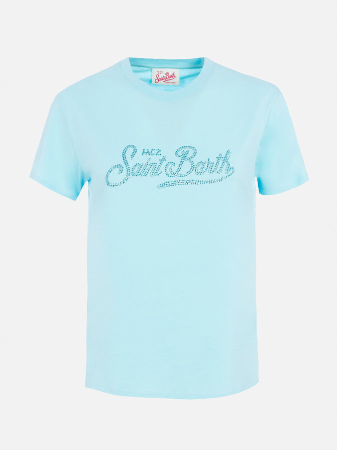 Mc2 Saint Barth Woman water green cotton jersey crewneck t-shirt Emilie with rhinestones Online