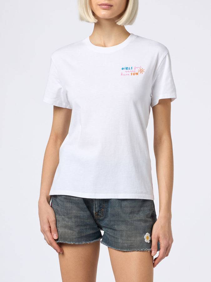 Mc2 Saint Barth T-shirt da donna girocollo in jersey di cotone Emilie con ricamo Girls just wanna have Sun Hotsell