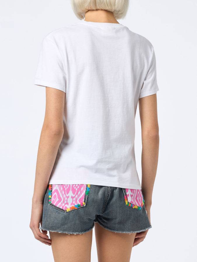 Mc2 Saint Barth T-shirt da donna girocollo in jersey di cotone Emilie con ricamo Girls just wanna have Sun Hotsell
