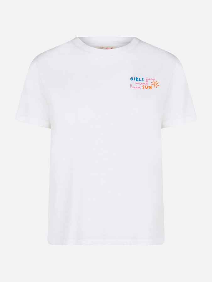 Mc2 Saint Barth T-shirt da donna girocollo in jersey di cotone Emilie con ricamo Girls just wanna have Sun Hotsell