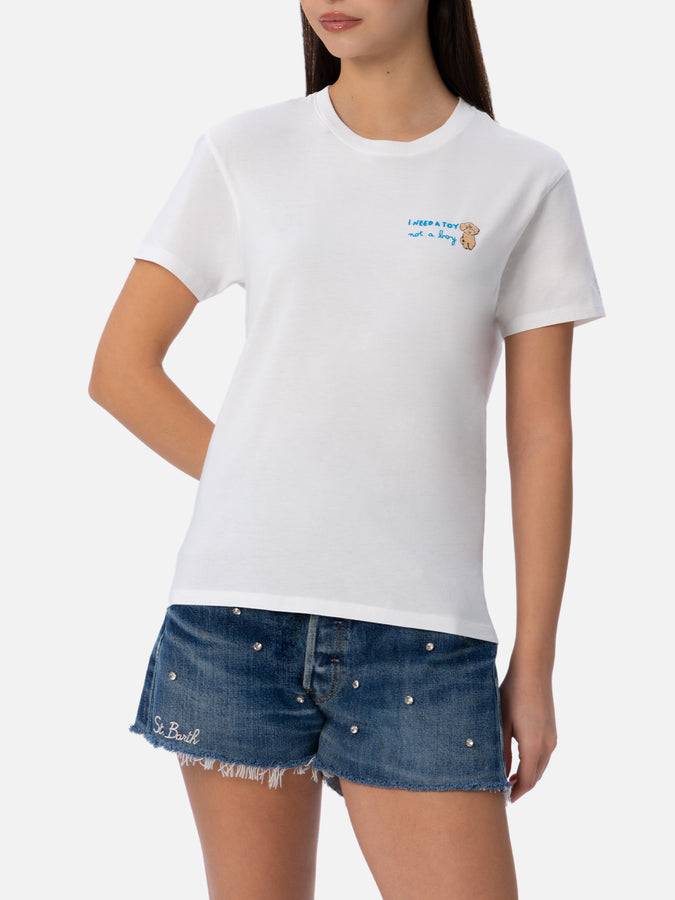 Mc2 Saint Barth T-shirt da donna girocollo Emilie in jersey di cotone con ricamo I need a Toy not a Boy Vendite Flash