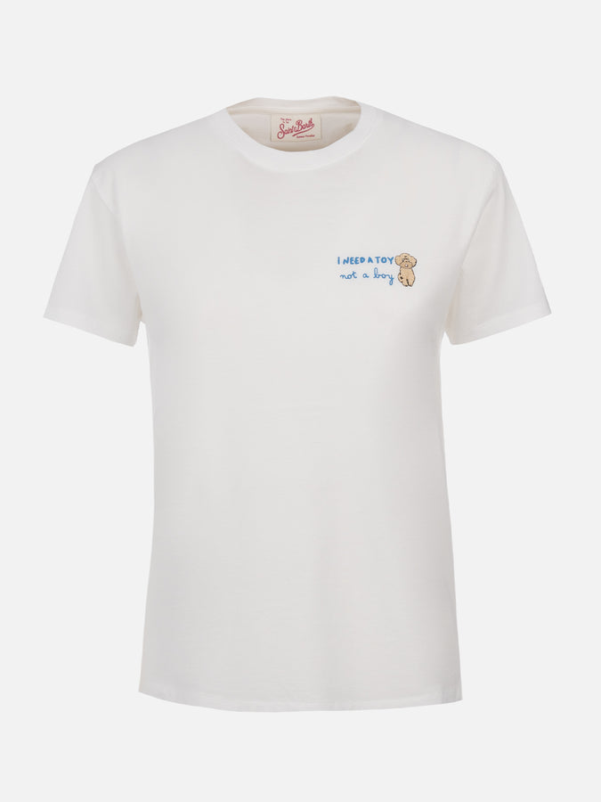 Mc2 Saint Barth T-shirt da donna girocollo Emilie in jersey di cotone con ricamo I need a Toy not a Boy Vendite Flash