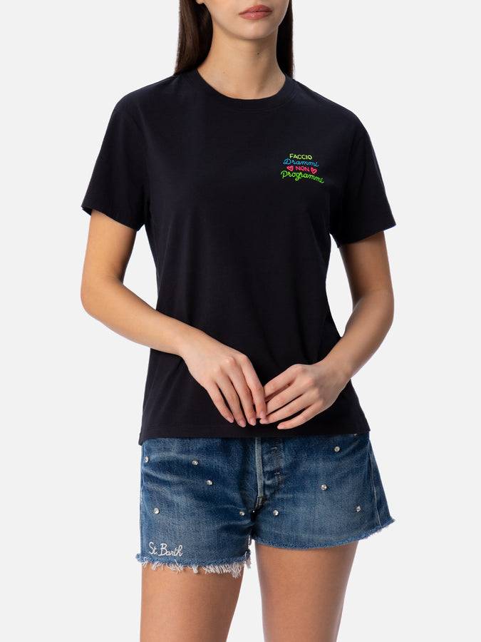 Mc2 Saint Barth T-shirt da donna girocollo Emilie in jersey di cotone con ricamo Faccio Drammi Non Programmi Nuova