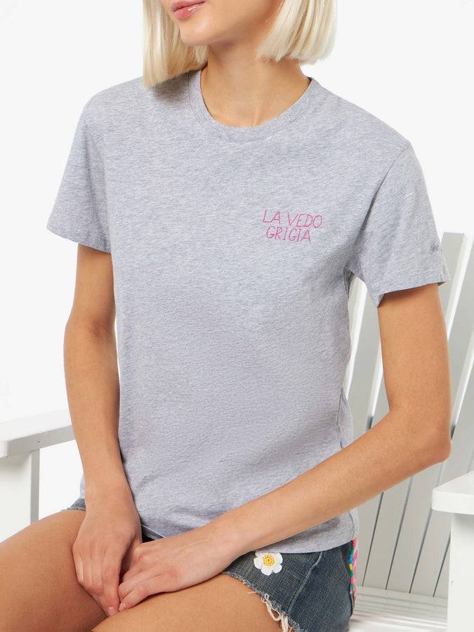 Mc2 Saint Barth T-shirt da donna girocollo Emilie in jersey di cotone con ricamo La Vedo Grigia Moda