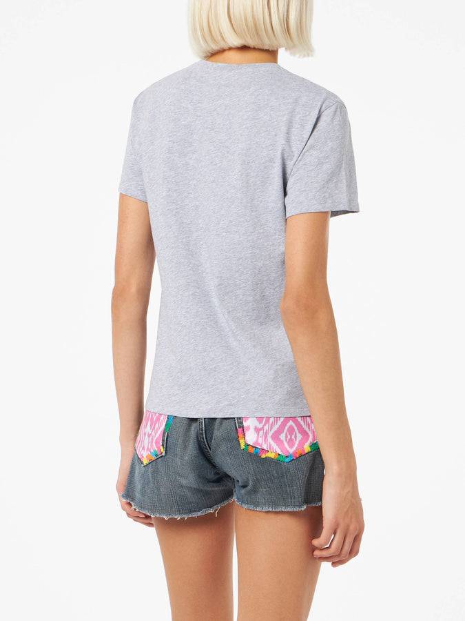 Mc2 Saint Barth T-shirt da donna girocollo Emilie in jersey di cotone con ricamo La Vedo Grigia Moda