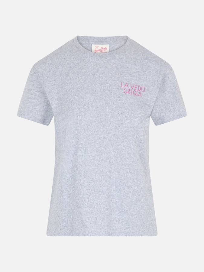 Mc2 Saint Barth T-shirt da donna girocollo Emilie in jersey di cotone con ricamo La Vedo Grigia Moda