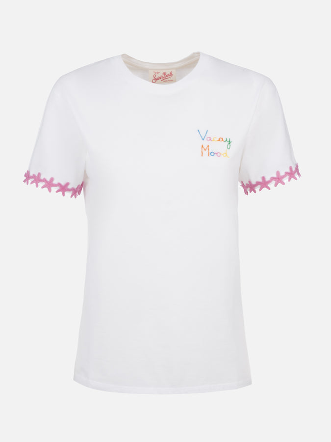 Mc2 Saint Barth T-shirt da donna girocollo Emilie in jersey di cotone con ricamo Vacay Mood Italia