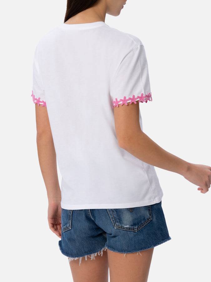 Mc2 Saint Barth T-shirt da donna girocollo Emilie in jersey di cotone con ricamo Vacay Mood Italia