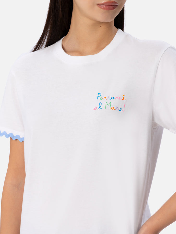 Mc2 Saint Barth T-shirt da donna girocollo Emilie in jersey di cotone con ricamo Portami al Mare