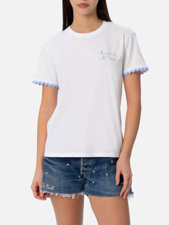 Mc2 Saint Barth T-shirt da donna girocollo Emilie in jersey di cotone con ricamo Portami al Mare In Linea
