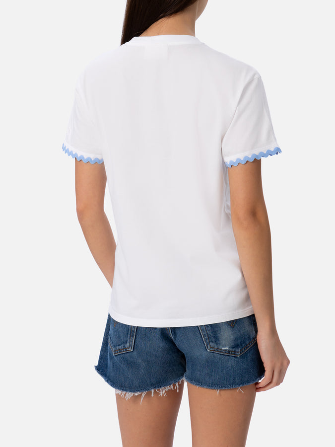 Mc2 Saint Barth T-shirt da donna girocollo Emilie in jersey di cotone con ricamo Portami al Mare In Linea